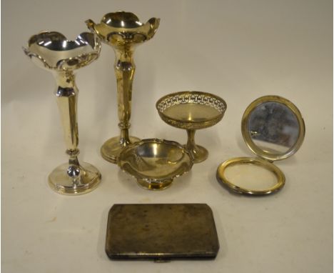 Two silver flute vases with loaded rims and circular domed foot, London 1913, two small bonbon dishes, an engine-turned cigar