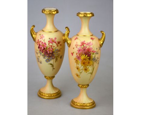 A pair of Royal Worcester floral decorated blush ground urns, 23 cm high, date cypher 1900, shape 2049 Condition Report Both 