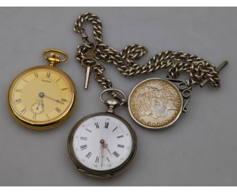 A French .800 grade pocket watch with 10-ruby movement by Guiberteau of Saujon (Bordeaux), on an unmarked double Albert chain