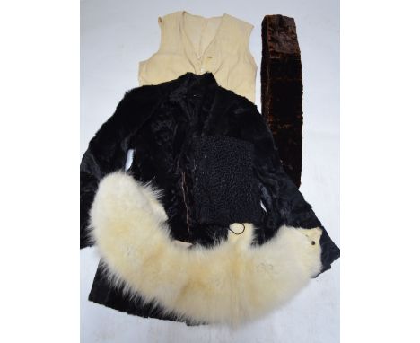 Two boxes and a vintage Marshall & Snelgrove box containing a Persian lamb jacket, black fur jacket, suede waistcoat, fur tri