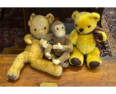 A vintage gold-plush teddy bear in worn condition, to/w another teddy bear by Park Patch of Odiham and a monkey with adjustab