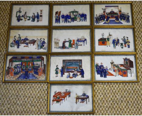 Ten Chinese 19th century pith paintings depicting the life story of a boy, each titled to verso: His birth; His first meal; H