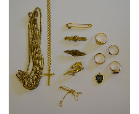 Collection of gold items mostly 9ct including guard chain with swivel, cross and chain, two signet rings, sapphire and diamon