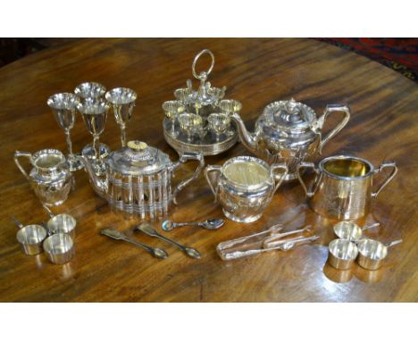 A pair of Victorian Scottish silver King's pattern sugar tongs, to/w an electroplated three-piece tea service, an egg-cup cru