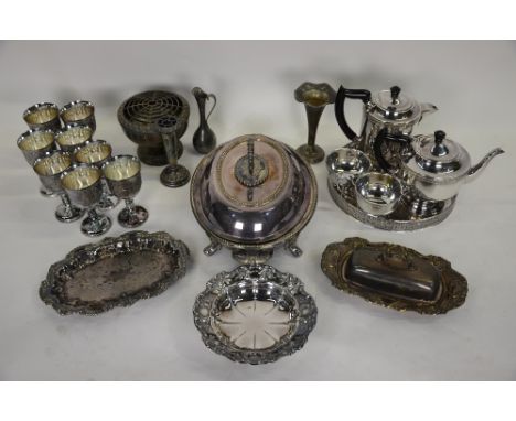 An electroplated four-piece tea/coffee service, a hot dish with cover and liner, various electroplated goblets, etc. (box)