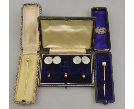 A pair of 18k gold cufflinks set with mother-of-pearl and seed pearls, in fitted case with three 18ct dress-studs, to/w two c