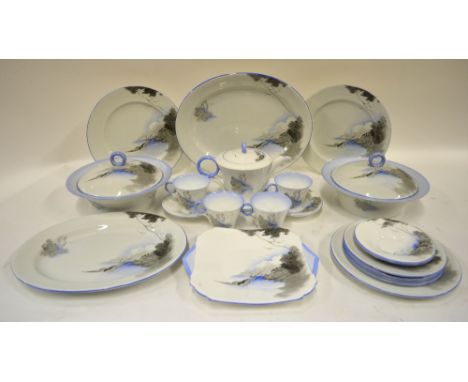 A Shelley 'Lakeland' part dinner and tea service comprising teapot and stand, four tea cups, four saucers, four side plates, 