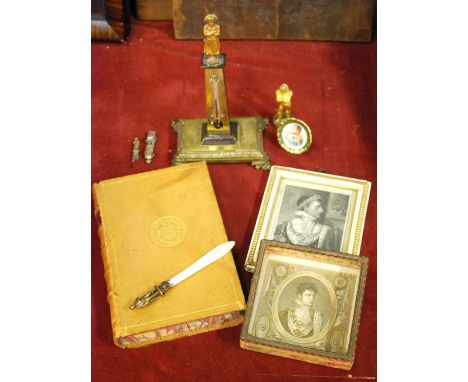 A small gilt metal Napoleon figural desk seal, 4.5 cm, to/w a six-sided seal with hunting and shooting subjects, a turned woo