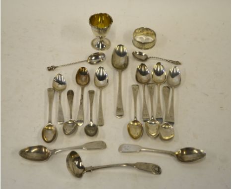 A William IV Scottish silver fiddle and shell sauce ladle, Edinburgh 1835, to/w various Georgian and later teaspoons, a silve