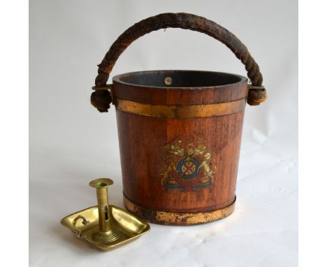 A brass bound coopered munitions bucket bearing an armorial, with leather clad rope handle, 30 cm diam x 30 cm high to/w an a