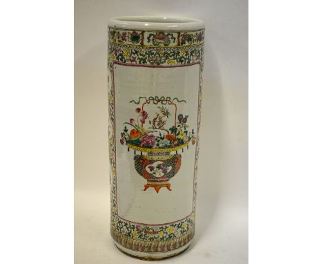 A Chinese famille rose cylindrical stick stand decorated with two panels of flowers in a vase, c. 1900. 59.5 cm Condition Rep