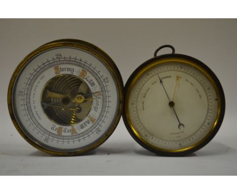 A Victorian aneroid barometer in brass drum case, 12 cm diameter, to/w a brass marine barometer by De Kemel Bros., Antwerp (2