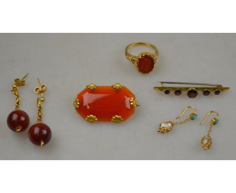 Chalcedony plaque brooch, chalcedony drop earrings, chalcedony cameo ring in 9ct ornate setting, garnet set bar brooch and pa
