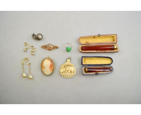 An Indian carved ivory pendant, 2.5 oz, two pairs of 9ct gold pearl-drop ear-clips, 9ct brooch, silver and green hard-stone r