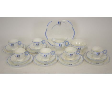 A Shelley Art Deco tea service, Oxford shape, decorated with a blue and grey geometric block pattern and comprising six teacu