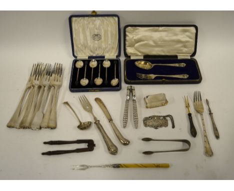 A silver Christening spoon and fork and other oddments of silver, .800 grade fish knives and forks, various electroplated fla