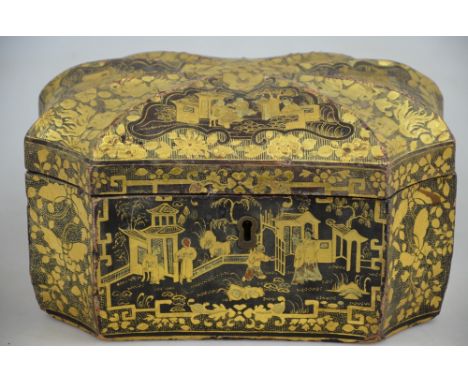 A Chinese 19th century lacquered octagonal tea caddy, gilt decorated with panels of figures on terraces, the hinged lid openi