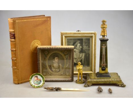 A quantity of Napoleon Bonaparte memorabilia, including a brass desk thermometer dated 1816, a gilt metal statuette, mother-o