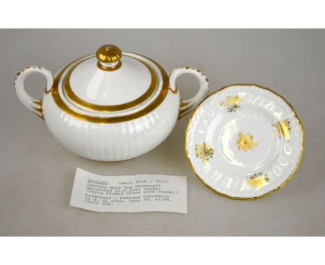 An early 19th century Swansea fluted sucrier and cover decorated with gold bands, 10 cm high - Ref: Swansea porcelain by W D 