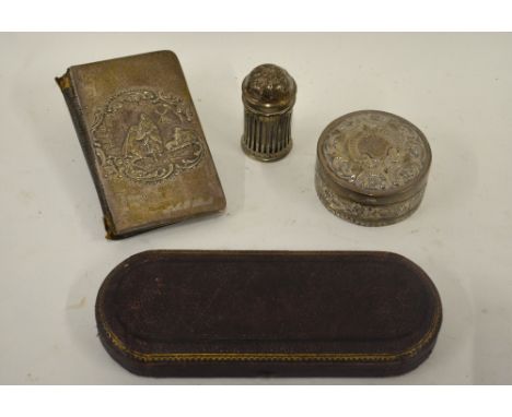 A late Victorian cylindrical trinket box and cover with floral chased decoration, London 1895, to/w a silver-faced address bo