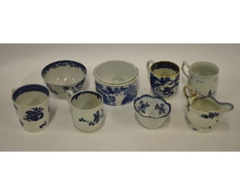 A small collection of 18th century blue and white English porcelain including Worcester & Caughley examples (8), mostly a/f
 