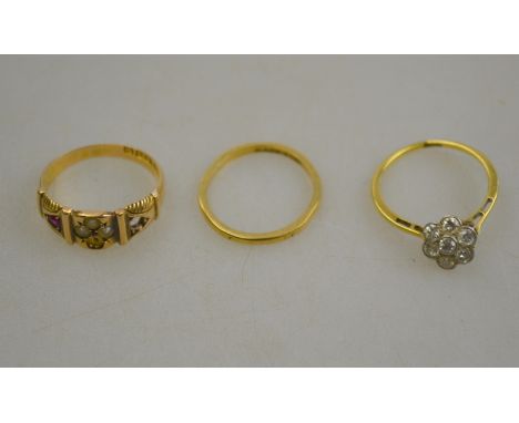 Three damaged rings comprising a diamond cluster ring, stamped 18ct, yellow metal band stamped 18ct Apex and 15ct pearl and r
