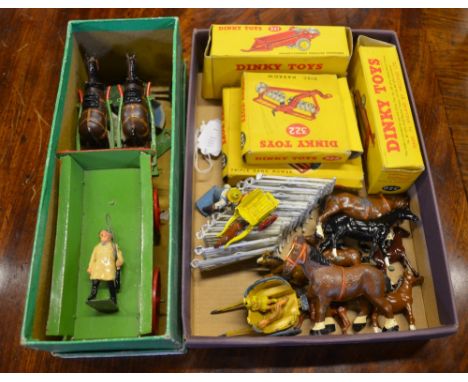 Boxed Britains Farm Series:- Timber Carriage no.12F, Farm Wagon 5f, Fordson Major Tractor 128f, Horse Roller with Man 9f and 