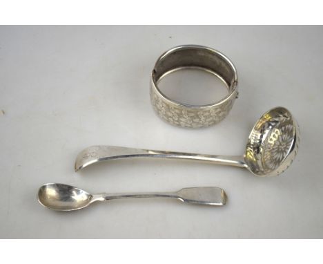 A William IV silver OEP sifter ladle, Adey Bellamy Savory, London 1833, to/w a fiddle pattern mustard spoon, London 1860, a h
