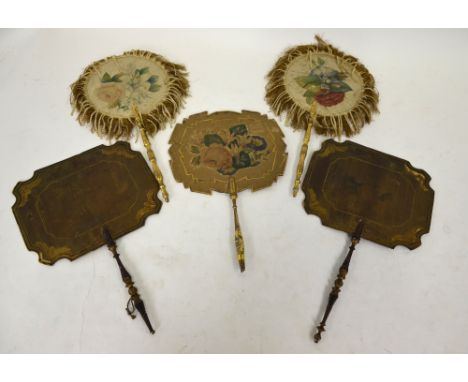 A pair of fans with floral-painted circular silk panels with silk fringes, on turned giltwood sticks, to/w a pair of painted 