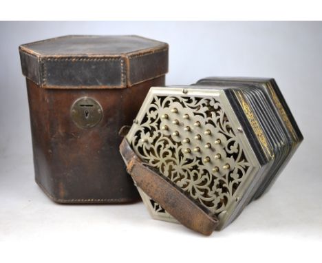 A 37-button concertina by C. Jeffries, with pierced nickel end-plates and ebonised woodwork, the black leather bellows with g