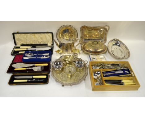 A cased set of electroplated fish servers, a carving set and other flatware and cutlery, to/w tableware including tea wares, 