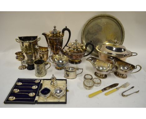 An electroplated four-piece tea/coffee service, an oval tureen, a pair of sauce boats, syphon stand and other tableware and f