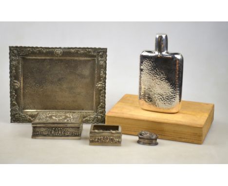 An Oriental hammered hip flask stamped 'silver', to/w an .800 grade trinket tray with matching cigarette box and ashtray and 