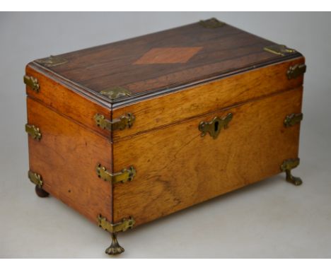 A 19th century brass mounted rosewood and mahogany casket raised on cast paw front feet to/w a lacquered brass on mahogany po