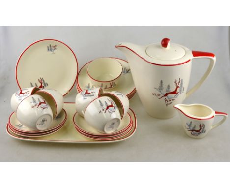 Crown Devon 'Stockholm' coffee service decorated with a red leaping deer and pine trees comprising coffee pot, sugar bowl, mi