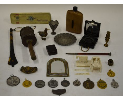 Various collectables including agate and silver pen, tortoiseshell lorgnette, military marching compass, Tibetan prayer-wheel