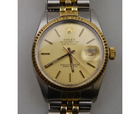 A gentleman's stainless steel and gilt Rolex Oyster Perpetual Datejust Superlative Chronometer wristwatch with gilt dial, no.