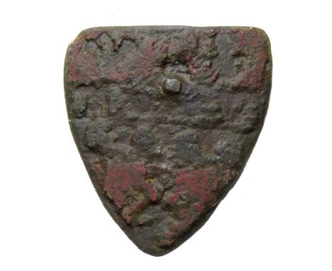 Medieval Heraldic Badge. Circa, 13th century AD. Copper-alloy, 25.29 mm. A shield shaped plate with an attached pin arrangeme