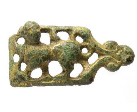 Medieval Mount. Circa, 13th century AD. Copper-alloy, 7.95 grams. 39 x 19 mm. An open-work gilt bronze Romanesque style zoomo
