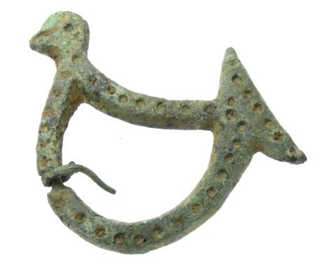 Medieval Zoomorphic Brooch.  Circa, 14th century AD. Copper-alloy, 6.2 grams. 41 mm. A bronze open-framed brooch in the form 
