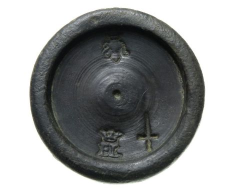 Elizabeth I Trade Weight. 16th century AD. Copper-alloy, 13.38 grams. 28.69 mm. A cast bronze trade weight market with a swor