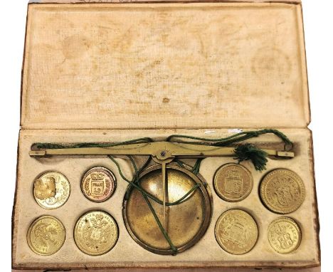 18th Century Coin Scale Set. Circa, 1780 AD. A scarce Italian coin scale with 16 brass coin weights. Probably Italian made in