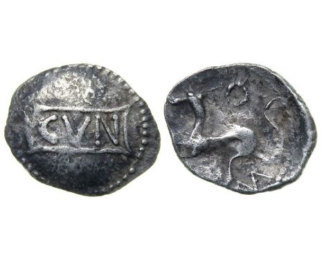 Cunobelin Hunting Dog Silver Unit.  Circa, 8-41 AD. Silver, 1.33 grams. 14.80 mm.CVN in central panel. Reverse: Dog left, [CA