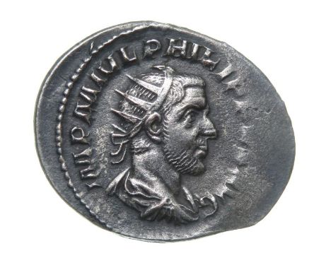 Philip I Antoninianus.  Rome, AD 245. Silver, 3.83 grams. 25.32 mm. Radiate bust right, IMP MIVL PHILIPPVS AVG. Reverse: LIBE