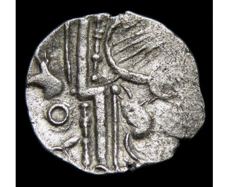 Durotriges Badbury Rat Silver Unit.  Circa 50 BC - 10 BC. Silver, 0.82 grams. 14 mm. Traces of three men in a boat design. Re