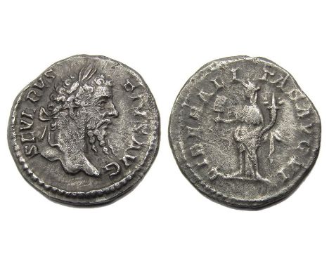 Septimius Severus Denarius. Rome, AD . Silver, 2.88 grams. 19.45 mm. Laureate bust right, SEVERVS PIVS AVG. Reverse: LIBERALI