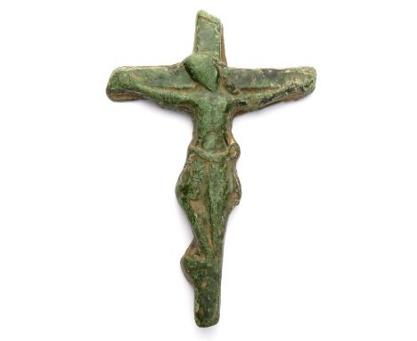 Medieval bronze crucifix depicting the figure of Christ being crucified on the cross, circa 15th - 16th century AD. 81mm x 56