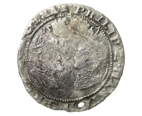 Philip & Mary Irish Groat. Silver, 2.26 grams. 25.70 mm. Bare-headed busts facing beneath crown, 1557. PHILIP Z MARIA D G REX