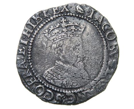 James I Irish Sixpence.  First Coinage, 1603-4 AD. Silver, 2.15 grams. 22.04 mm. Crowned bust right, IACOBVS D G ANG SCO FRA 