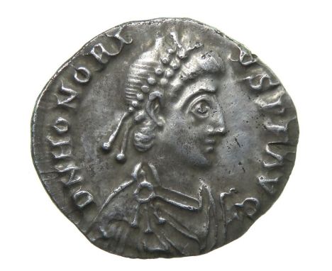 Honorius Siliqua.  Milan, AD 397-402. Silver, 1.35 grams. 17.11 mm. Diademed bust right, DN HONORIVS P F AVG. Reverse: VIRTVS